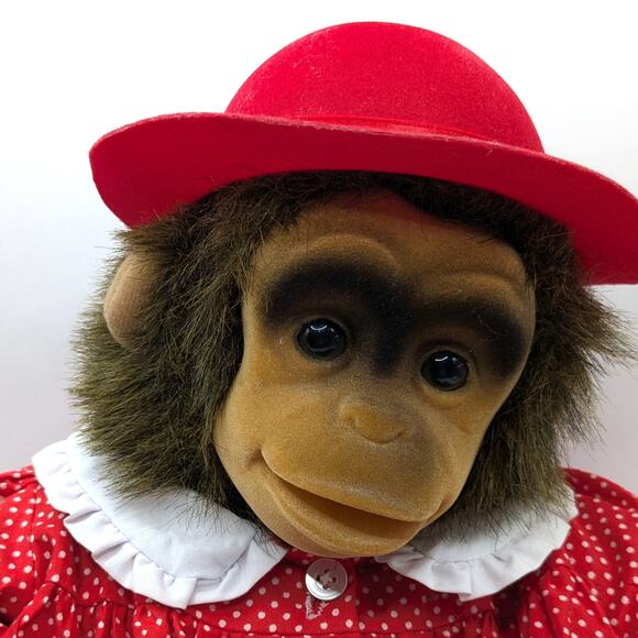 Vintage Hosung 1994 Chimp Monkey Polka Dot Red Dress with Hat Plush Puppet Toy - Picture 2 of 8